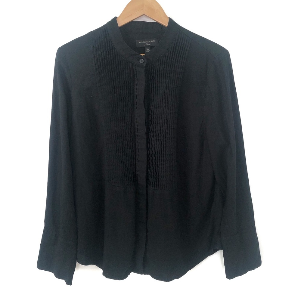 Banana Republic Womens Linen Blend Pleated Black Long Sleeve Button Up Top XL